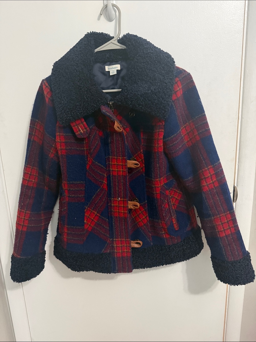 Sundance Red & Navy Plaid Pea Coat with navy Sherpa Collar